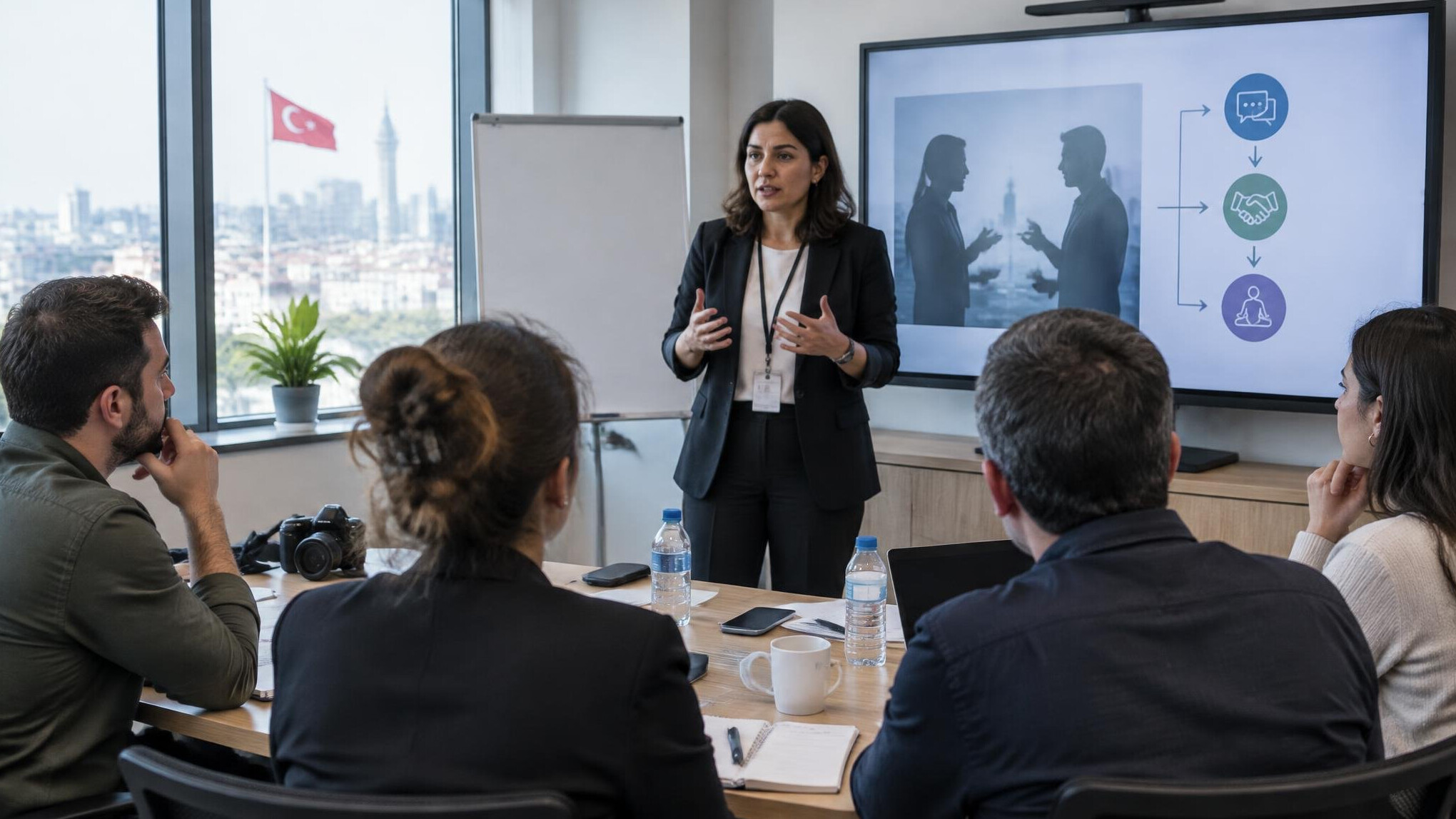 Media trainer coaching a group in a conference room with presentation screen