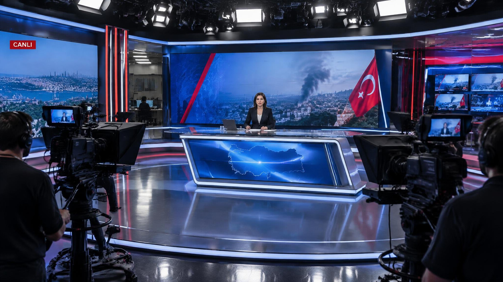Live TV news broadcast studio with cameras and anchor desk